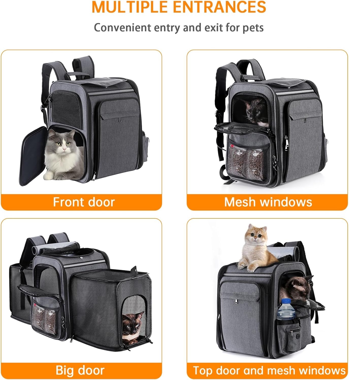 Cat Backpack Carrier,Double Side Expandable Cat Carrier Backpack,Dog Carrier Backpack for Medium Cats and Small Dogs,Puppies up to 20 Lbs,Pets Carrier Backpack with Breathable Mesh(Grey)
