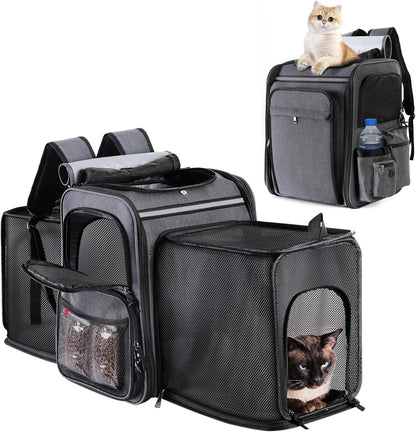 Cat Backpack Carrier,Double Side Expandable Cat Carrier Backpack,Dog Carrier Backpack for Medium Cats and Small Dogs,Puppies up to 20 Lbs,Pets Carrier Backpack with Breathable Mesh(Grey)