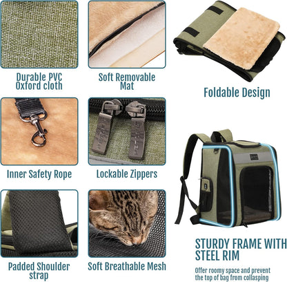 Cat Backpack Carrier with Soft Plush Mat, Cross Ventilation Design, Dog Backpack Easy Fit for Travel Camping Hiking, Hold Pets up to 22 Lbs