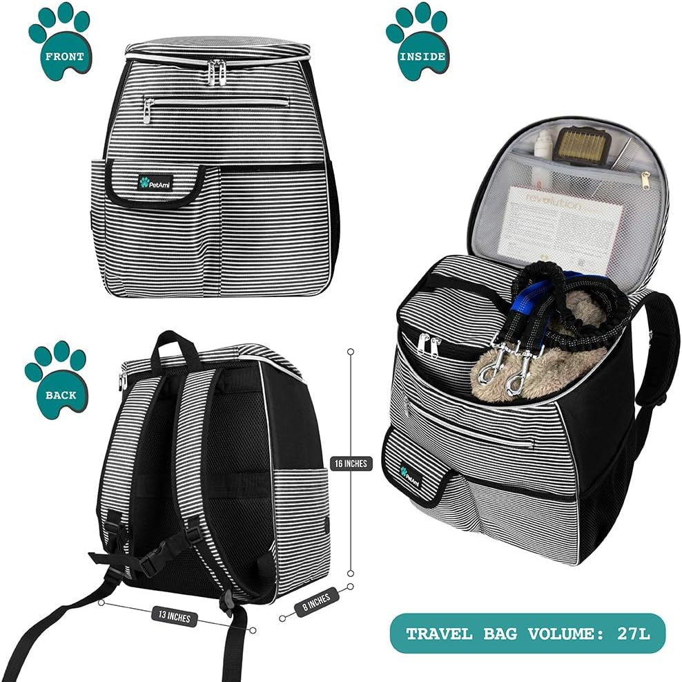 Dog Travel Bag Backpack | Backpack Organizer with Poop Bag Dispenser, Multi-Function Pocket, Food Container Bag, Collapsible Bowl (One Size, Stripe Black)