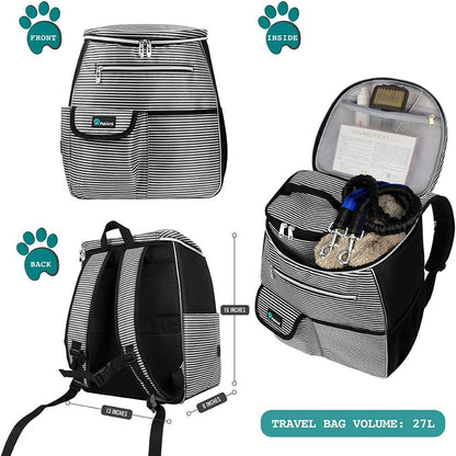 Dog Travel Bag Backpack | Backpack Organizer with Poop Bag Dispenser, Multi-Function Pocket, Food Container Bag, Collapsible Bowl (One Size, Stripe Black)
