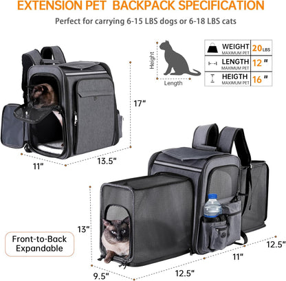 Cat Backpack Carrier,Double Side Expandable Cat Carrier Backpack,Dog Carrier Backpack for Medium Cats and Small Dogs,Puppies up to 20 Lbs,Pets Carrier Backpack with Breathable Mesh(Grey)