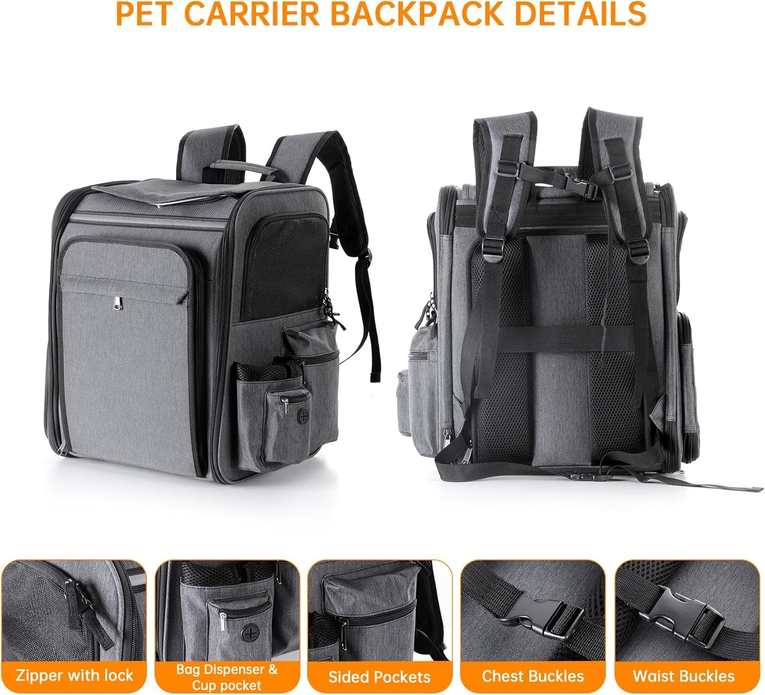 Cat Backpack Carrier,Double Side Expandable Cat Carrier Backpack,Dog Carrier Backpack for Medium Cats and Small Dogs,Puppies up to 20 Lbs,Pets Carrier Backpack with Breathable Mesh(Grey)