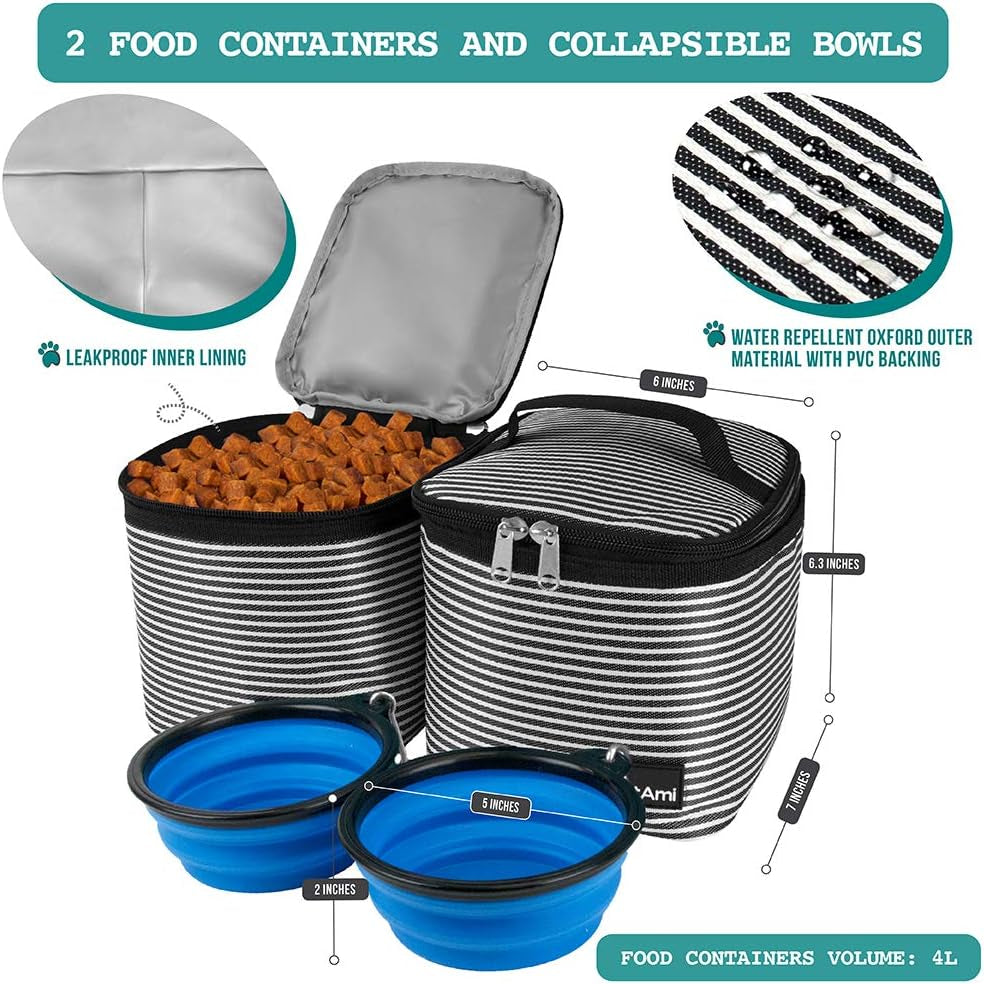 Dog Travel Bag Backpack | Backpack Organizer with Poop Bag Dispenser, Multi-Function Pocket, Food Container Bag, Collapsible Bowl (One Size, Stripe Black)