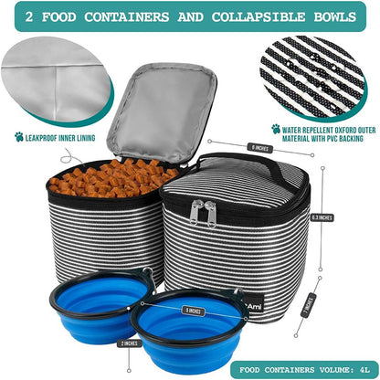 Dog Travel Bag Backpack | Backpack Organizer with Poop Bag Dispenser, Multi-Function Pocket, Food Container Bag, Collapsible Bowl (One Size, Stripe Black)